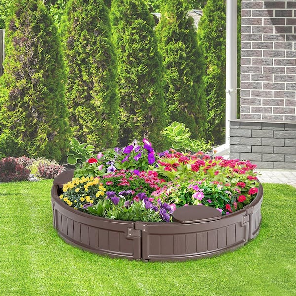 4 ft. x 4 ft. Plastic Round Sandbox with Built-In Corner Seat, Cover, Bottom Liner for Outdoor Play