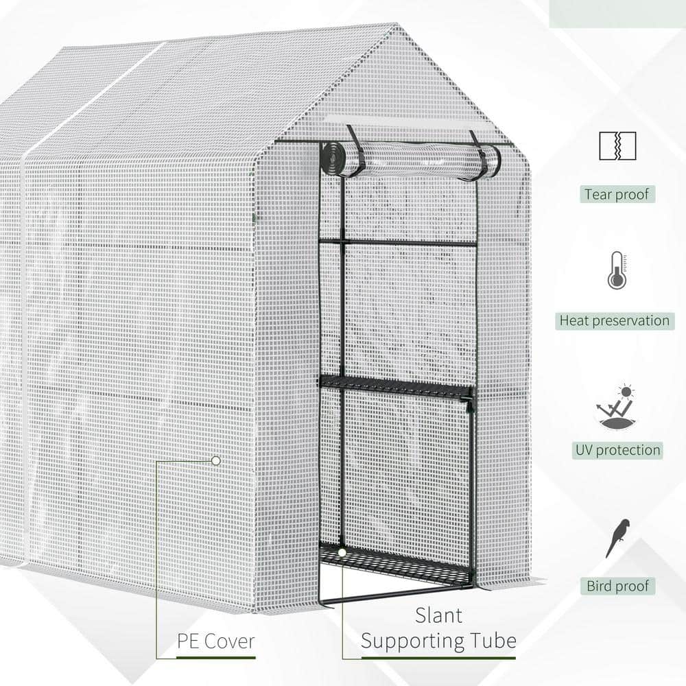 White Steel Walk-In Greenhouse with Shelves and Roll-Up Door