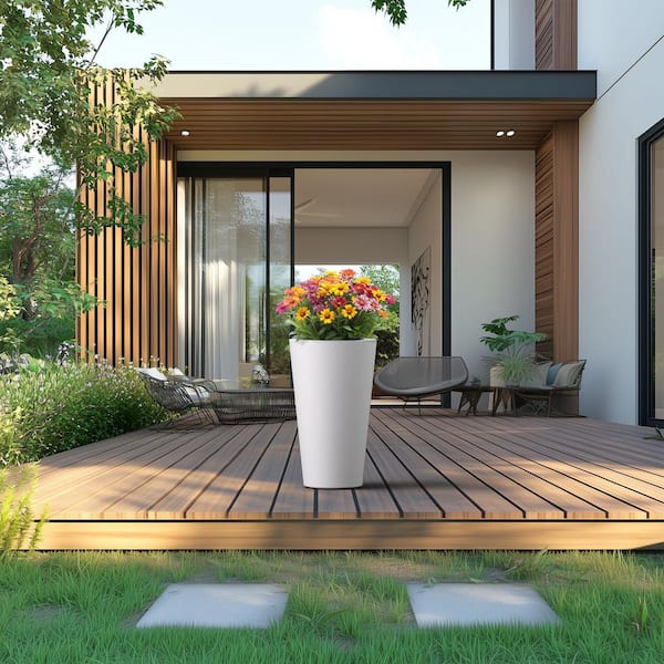 12 in. Large Crisp White (Enhanced Core) Concrete Round Planter / Pot with Drainage Holes