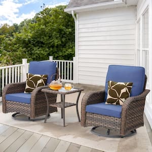 Nyajiah 3-Piece Brown Swivel Rocking Chair Wicker Outdoor Patio Lounge Chair with Blue Cushions, Side Table