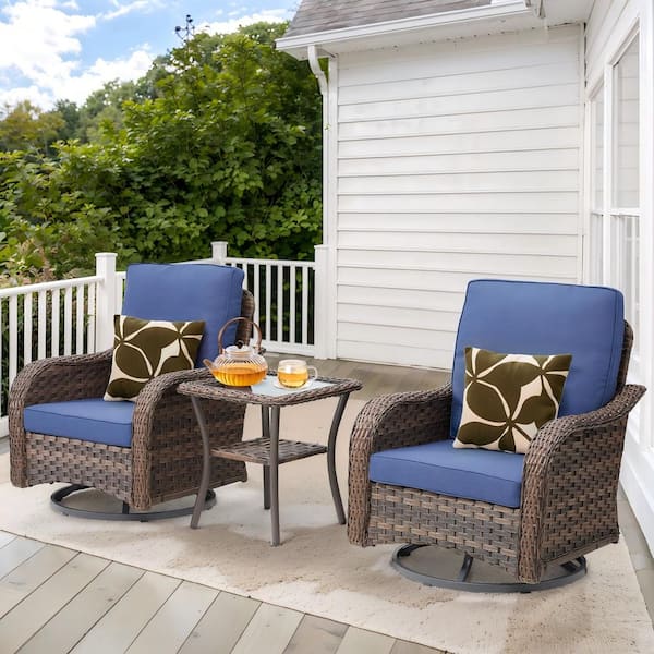 Buenaola Nyajiah 3-Piece Brown Swivel Rocking Chair Wicker Outdoor Patio Lounge Chair with Blue Cushions, Side Table