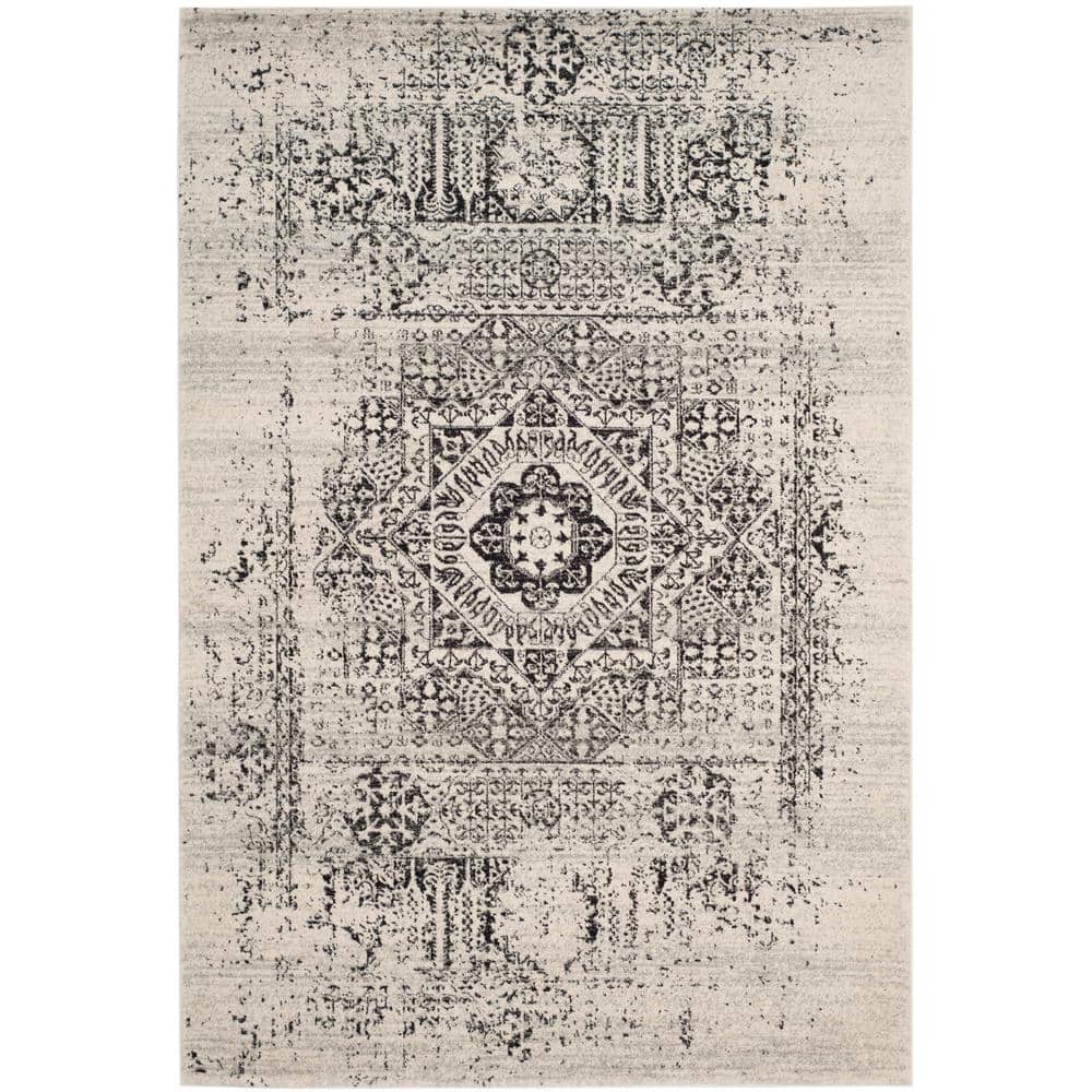 Ivory and Black High Pile Synthetic Area Rug