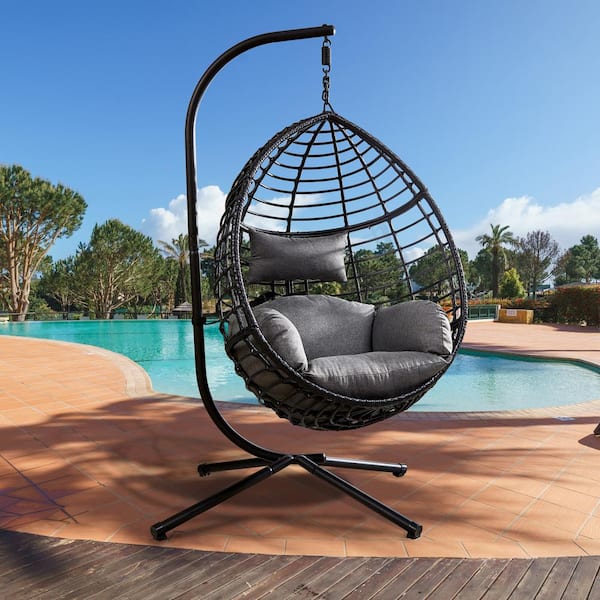Afoxsos 37.4 in. x 37.4 in. x 76.77 in. 300 lbs. Capacity Black Outdoor Egg Swing Chair with Stand with Gray Cushion, (Gray)