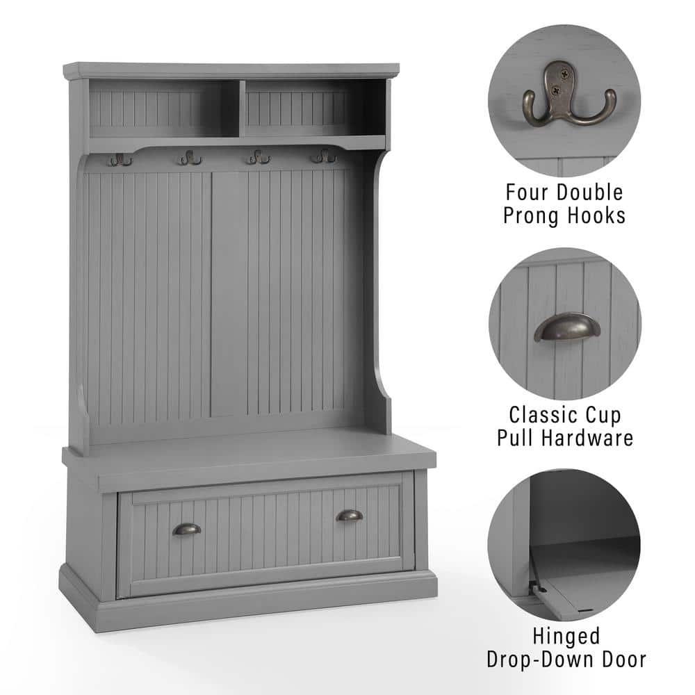 Distressed Gray Coastal Hall Tree with Storage and Hooks