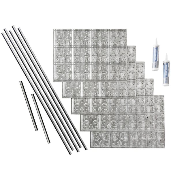 Fasade Traditional 10 18 in. x 24 in. Crosshatch Silver Vinyl Decorative Wall Tile Backsplash 15 sq. ft. Kit