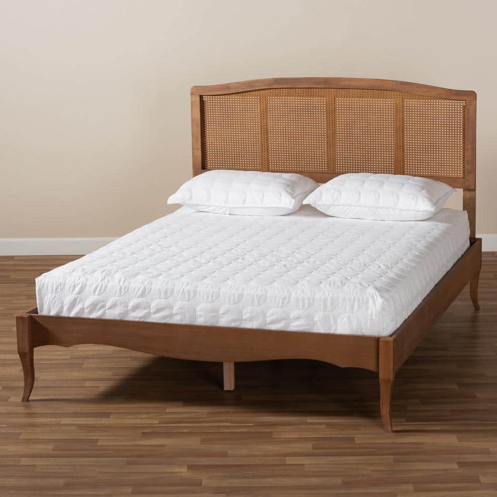 Marieke Vintage Chic Walnut Brown Queen Bed with Woven Rattan Headboard