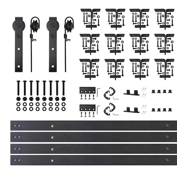 HOMACER 16 ft./192 in. Black Rustic Ceiling Mount Double Track Bypass Sliding Barn Door Track and Hardware Kit for Double Doors
