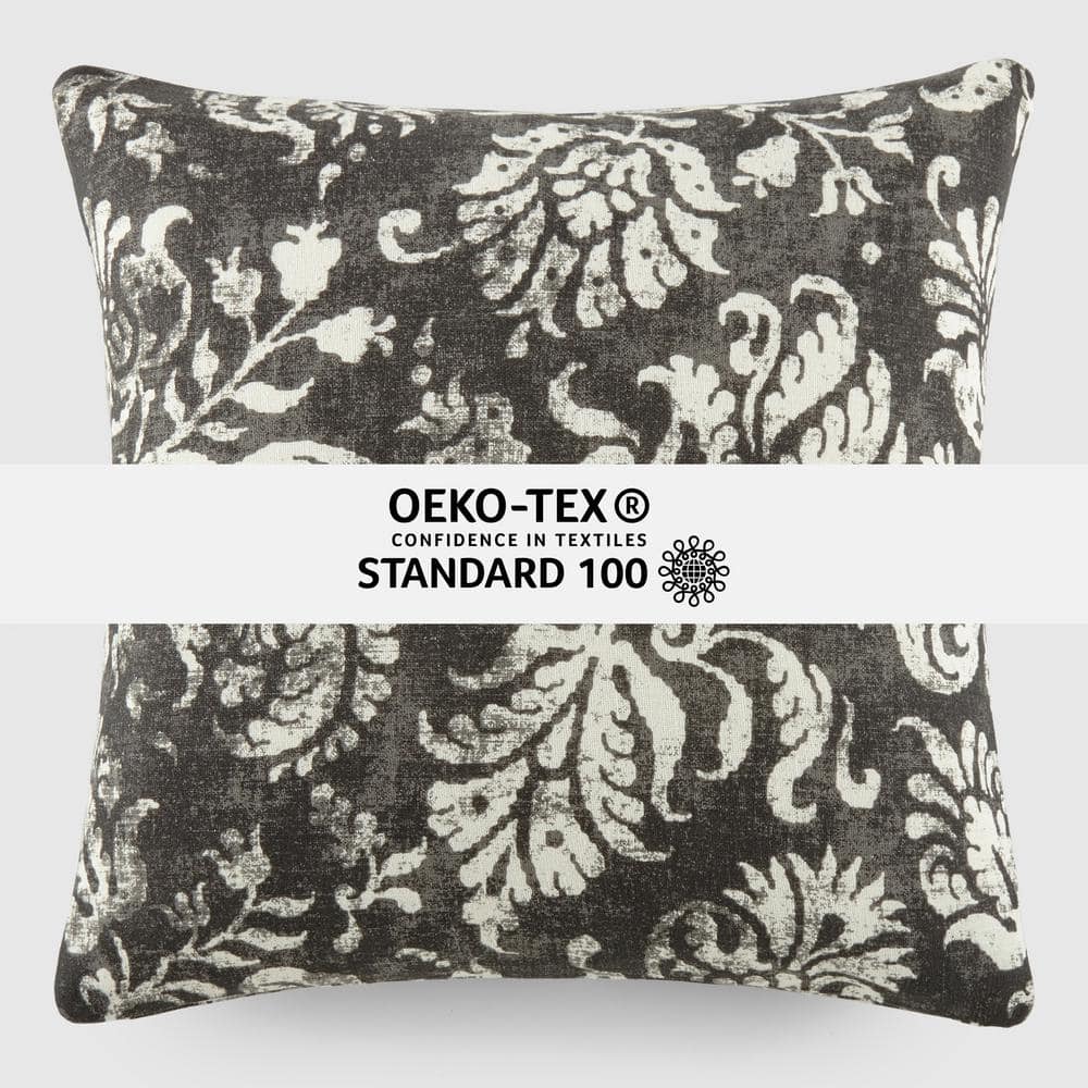 Olive Green Cotton Square Throw Pillow with Floral Pattern