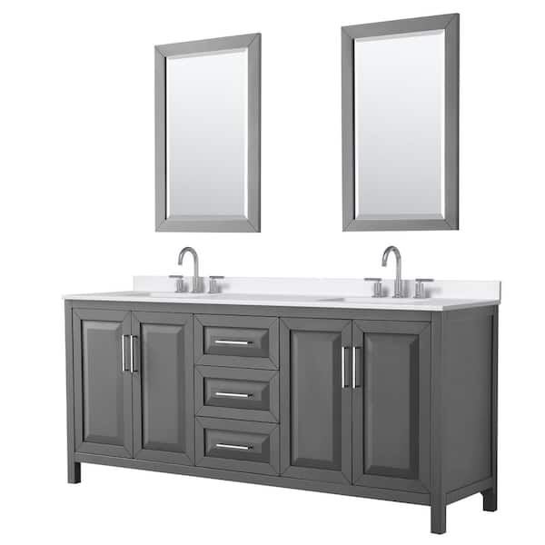 Wyndham Collection Daria 80 in. W x 22 in. D x 35.75 in. H Double Bath Vanity in Dark Gray with White Quartz Top and 24 in. Mirrors