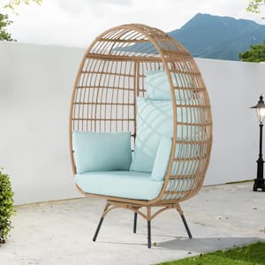 Patio Wicker Swivel Egg Chair, Oversized Indoor Outdoor Egg Chair, Brown Ratten Tiffany Blue Cushions