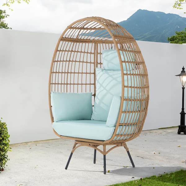 SANSTAR Patio Wicker Swivel Egg Chair, Oversized Indoor Outdoor Egg Chair, Brown Ratten Tiffany Blue Cushions