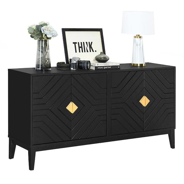 Black Wood 60.00 in. Sideboard,Storage Cabinet with 2-Large Cabinets with Adjustable Shelf