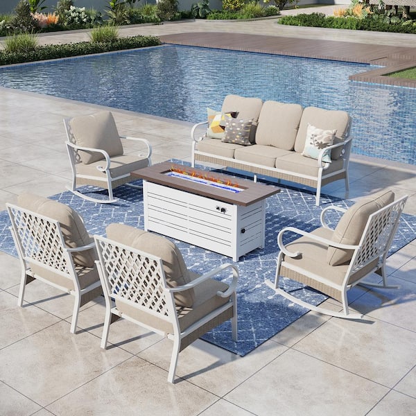 PHI VILLA White 6-Piece Metal Outdoor Patio Conversation Seating Set with Rocking Chair 50000 BTU Fire Pit Table and Beige Cushion