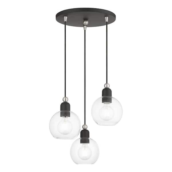 Livex Lighting Downtown 3-Light Black Multi-Pendant with Brushed Nickel Accents and Clear Sphere Glass Shades