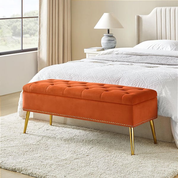 JAYDEN CREATION Hippolytus Classic Orang 45.5 in. Polyester Button-Tufted Storage Bedroom Bench with Nailhead Trim