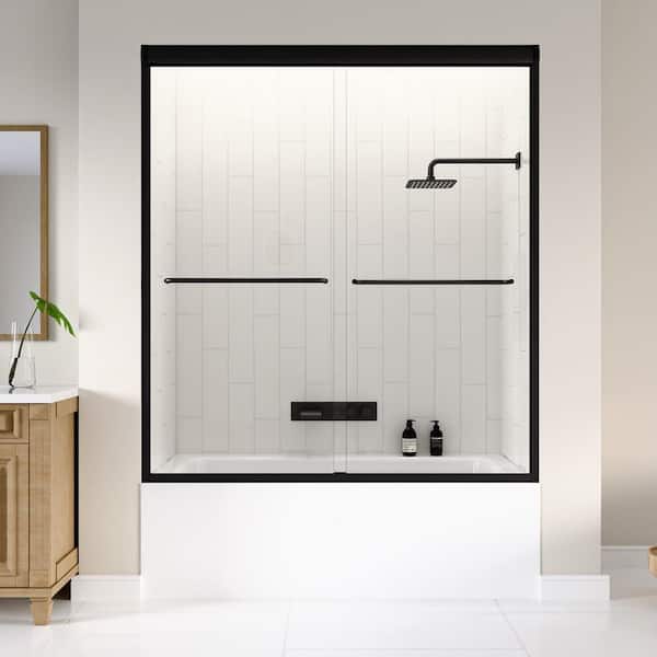 60 in. W x 62 in. H Double Sliding Framed Tub Door in Matte Black with SGCC 1/4 in. (6 mm) Tempered Clear Glass