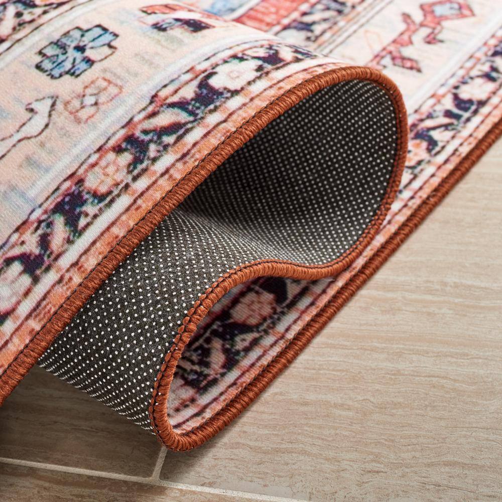 Beige and Blue Rectangular Synthetic Washable Area Rug