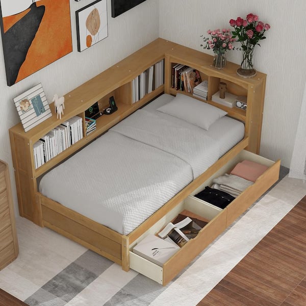 Qualler Wood Color Twin Size Daybed with Shelves, Drawers and USB Ports
