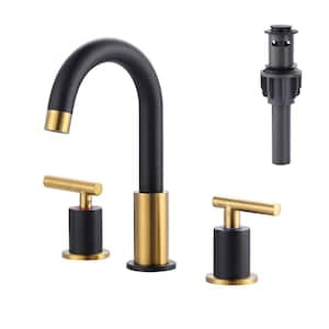 8 in. Widespread Double-Handle High Arc Bathroom Faucet with Drain Kit Included in Gold and Black