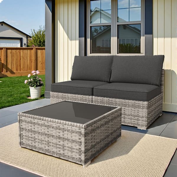 XIZZI Charm 3 Pieces Wicker Patio Conversation Seating Sofa Set with Black Cushions and Coffee Table