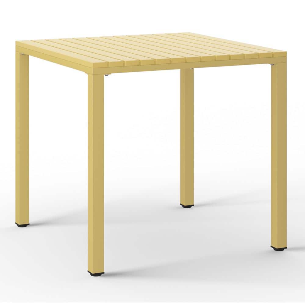 Yellow square outdoor bistro dining table.
