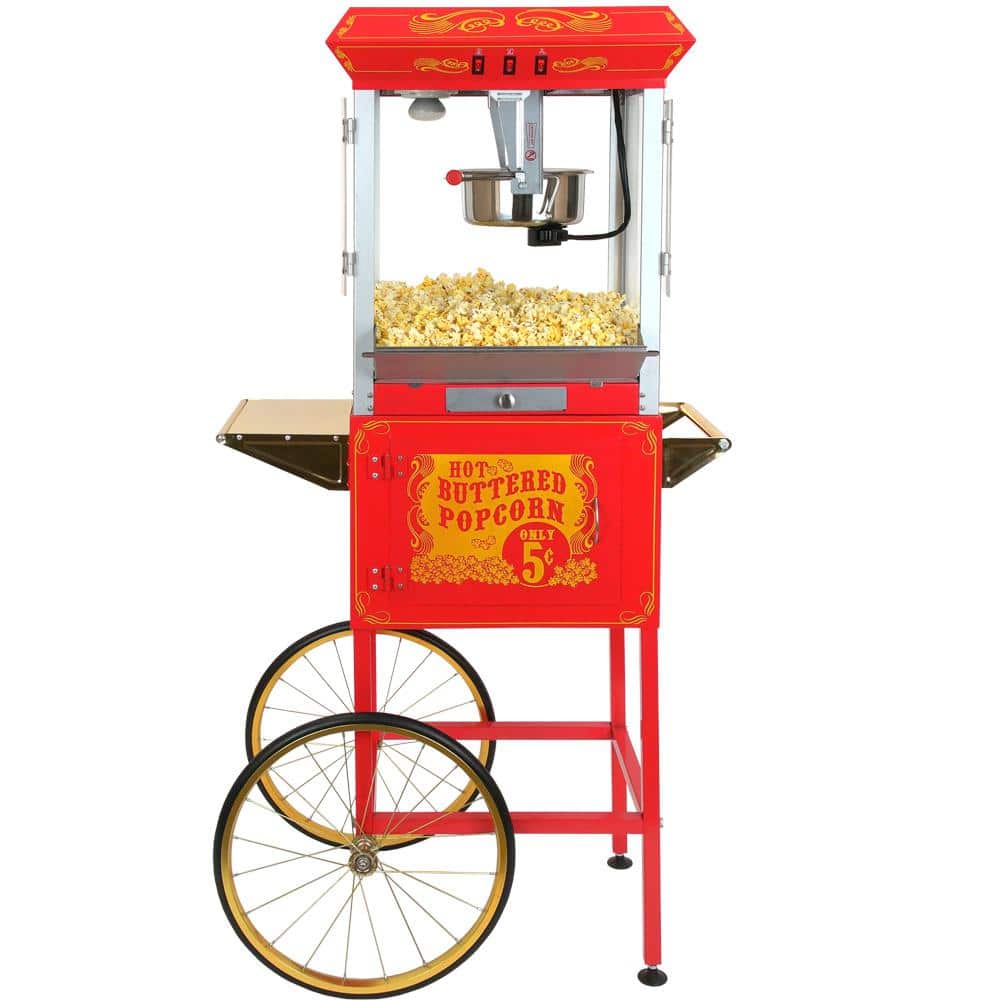 Full Size Carnival Style 8 oz Popcorn Maker Machine with cart, Black and  Silver 