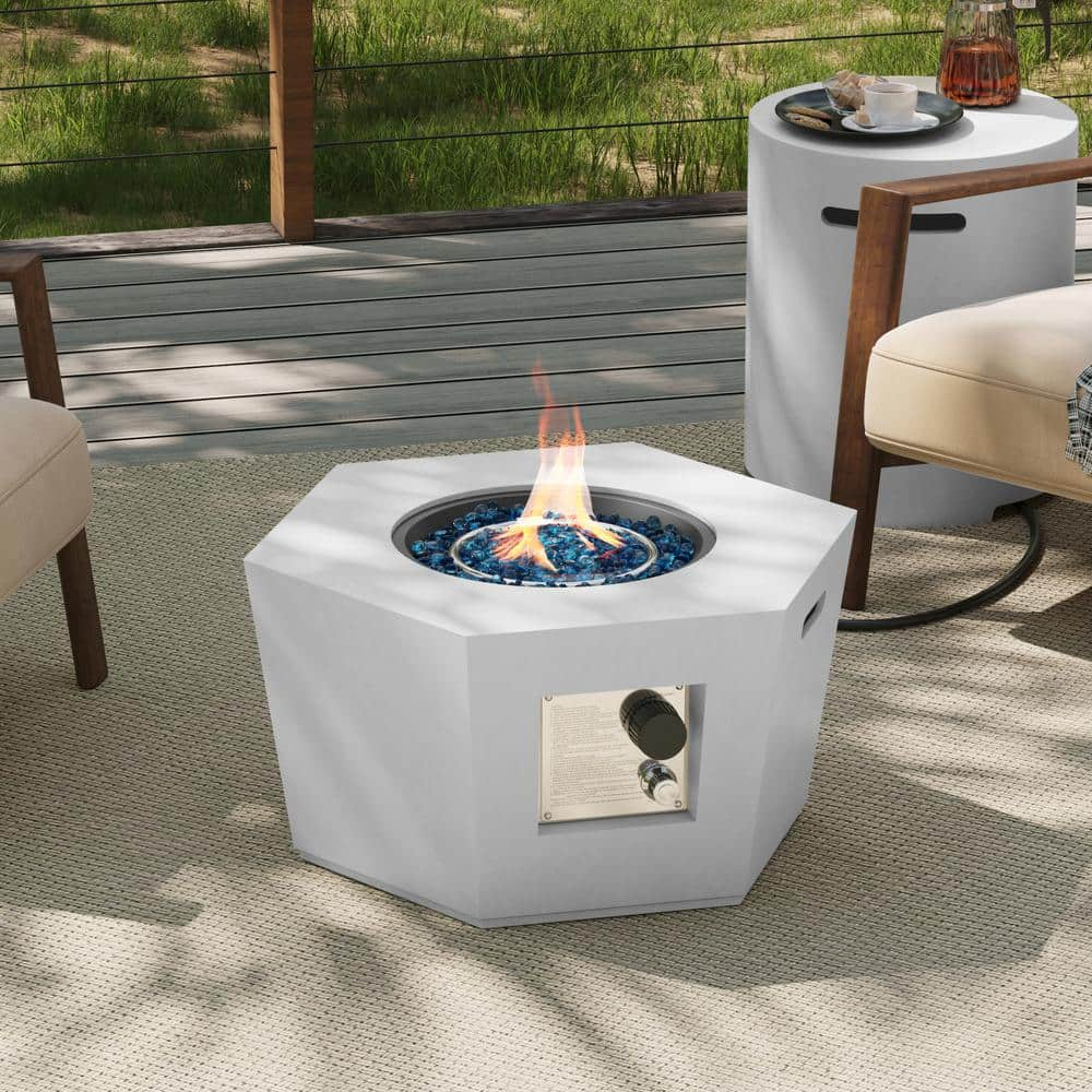 28 in. 50,000 BTU Porcelain White Hexagon Concrete Outdoor Propane Gas Fire Pit Table with Propane Tank Cover -  UPHA, 28MGO-6BX-KCB