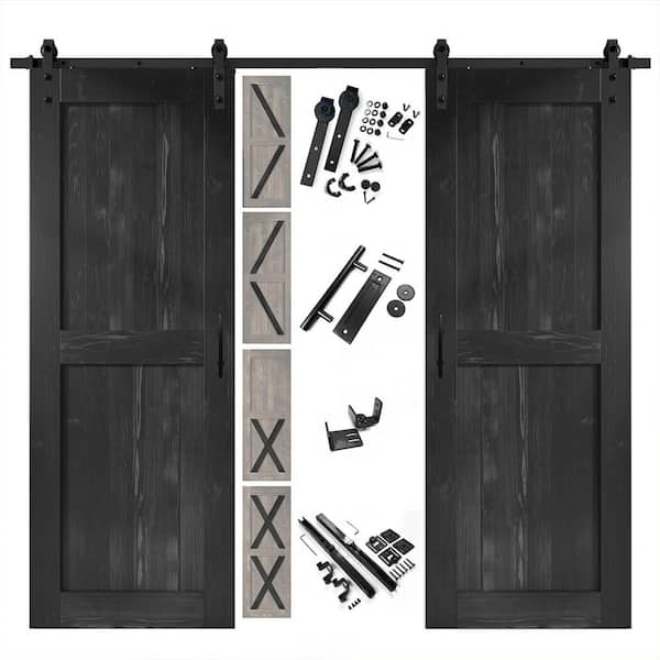 HOMACER 32 in. x 80 in. 5 in. 1 Design Black Double Pine Wood Interior Sliding Barn Door Hardware Kit, Non-Bypass