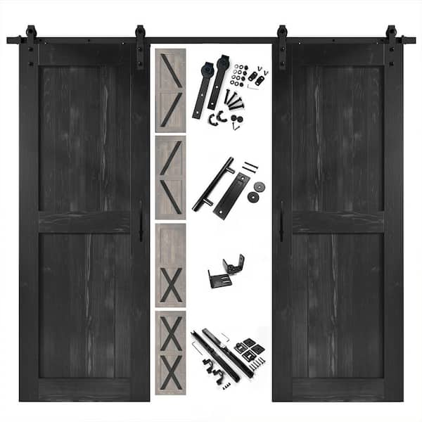 HOMACER 48 in. x 80 in. 5 in. 1 Design Black Double Pine Wood Interior Sliding Barn Door with Hardware Kit, Non-Bypass