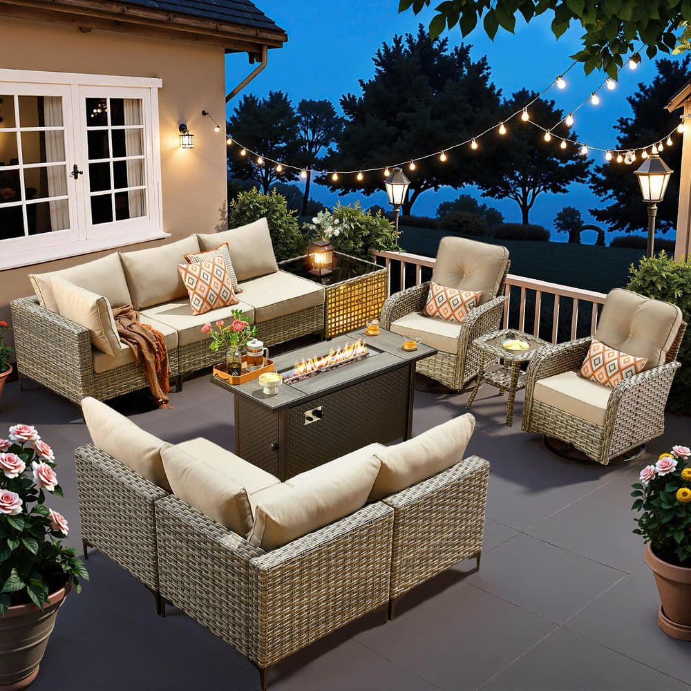 Holly Gray 11-Piece Wicker 54 in. Rectangle Fire Pit Patio Conversation Set with Beige Cushions and Swivel Chairs price history on PriceWatchPro