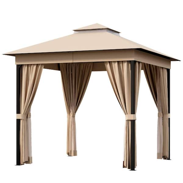 8 ft. x 8 ft. Khaki Outdoor Steel Frame Gazebo with Mosquito Netting