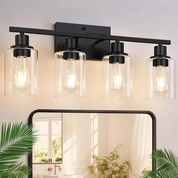 23 in. 4-Light Matte Black Vanity Light with Clear Glass Shades