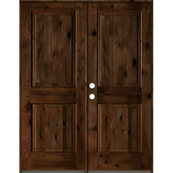 Krosswood Doors 60 in. x 80 in. Rustic Knotty Alder 2-Panel Square Top Provincial Stain Right-Hand Wood Double Prehung Front Door