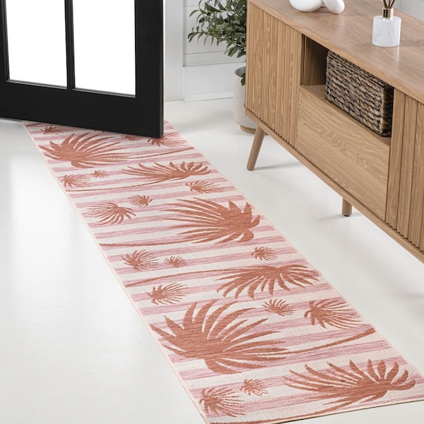 Veronica Classic Beach Stripe and Palm Leaf Pink/Cream 2 ft. x 8 ft. Indoor/Outdoor Runner Rug