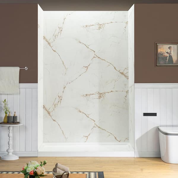 36 in. x 48 in. x 96 in. Glue-Up Alcove Solid Surface 3-Piece Shower Wall Surround in Beige Marble with Soft Brown Veins