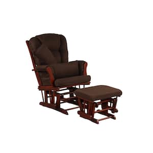 Premium Cherry Bent Wood with Dark Brown Fabric Glider And Ottoman Set With Bonus Back And Arm Pillows