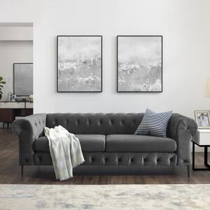 Emily 90.5 in. W Rolled Arm Velvet Mid-Century 3-Seat Straight Sofa with Metal Legs in Gray