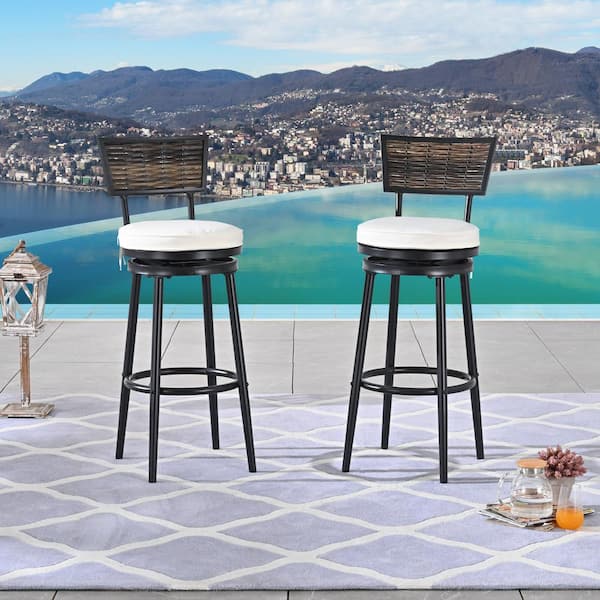 Patio Festival Wicker Outdoor Bar Stools with Beige Cushions (2-Pack)