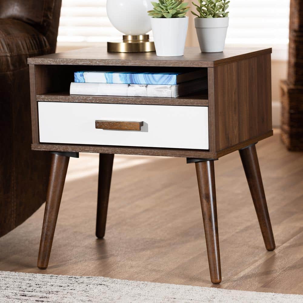 Walnut and White 22" Wood End Table with Storage Drawer