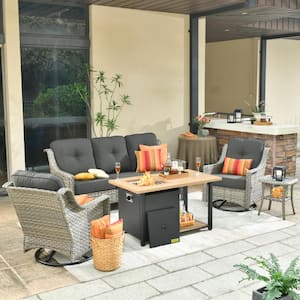 Tulip D Gray 5-Piece Wicker Patio Storage Fire Pit Conversation Set with Swivel Rocking Chairs and Black Cushions