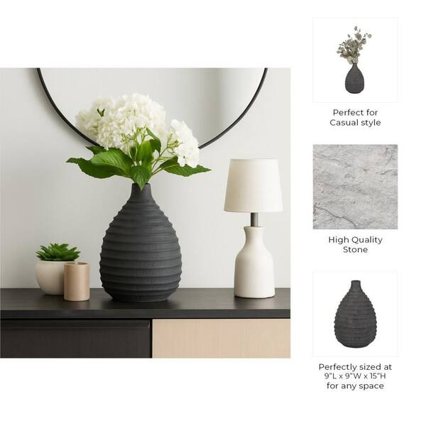 Liv & Skye 15 in. Black Ceramic Gourd Faded Ribbed Bulbous