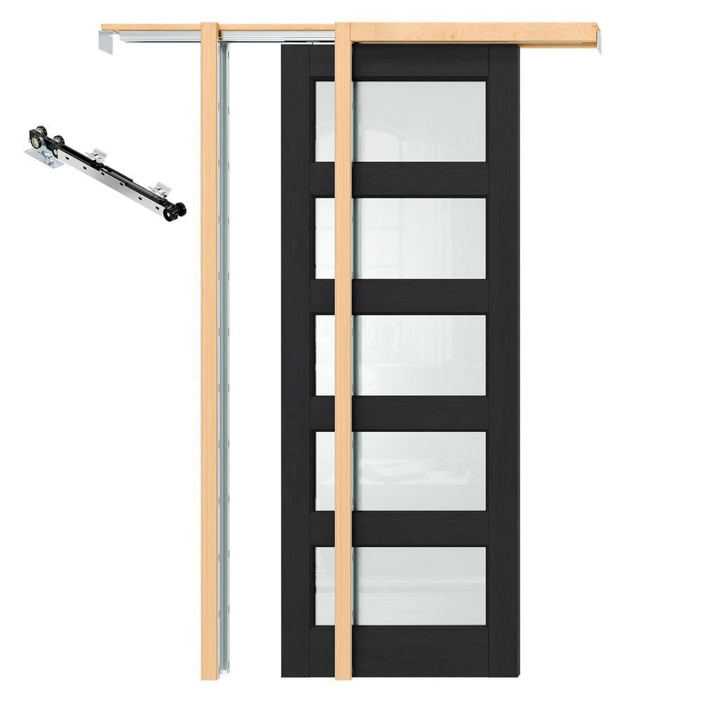 64 in. x 80 in. 5-Lite Frosted Glass Black PVC Covering MDF, Wood, Pocket Door with Soft Close, Frame and Hardware price history on PriceWatchPro