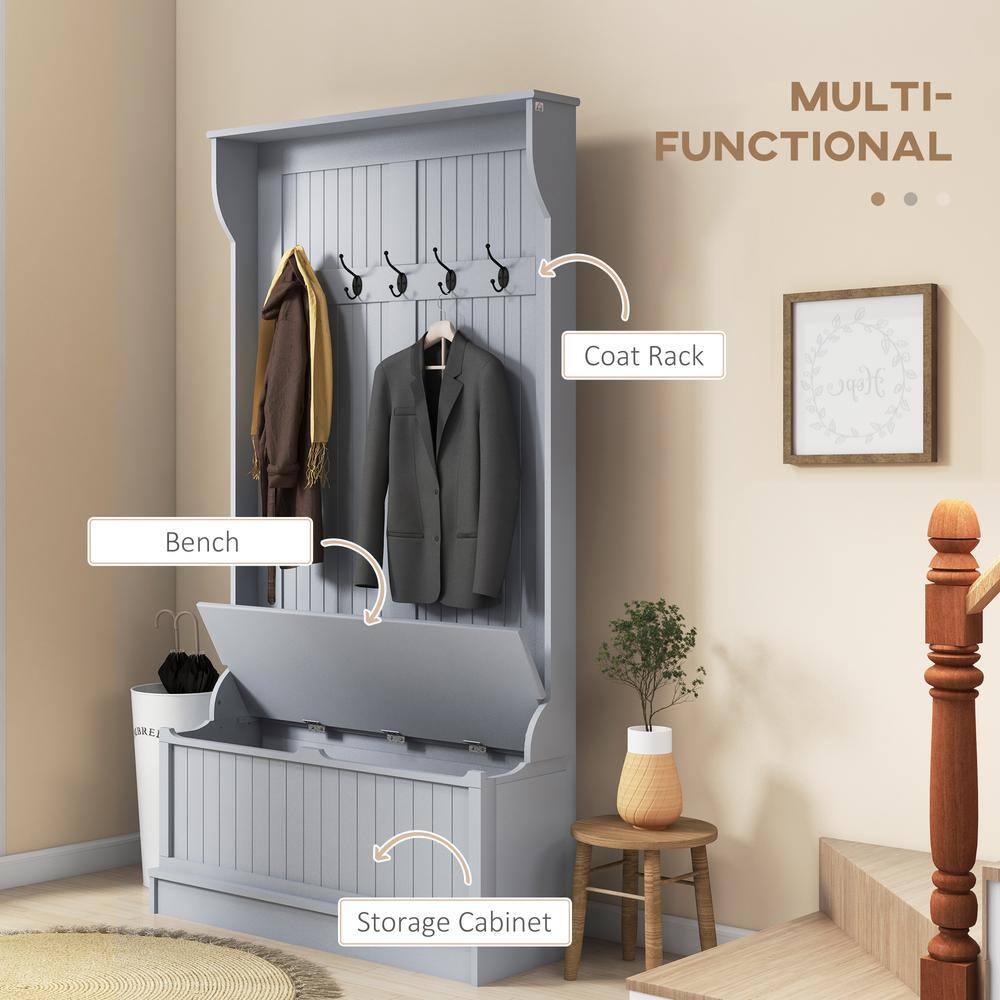 Gray Engineered Wood Hall Tree with Storage Bench and Metal Hooks