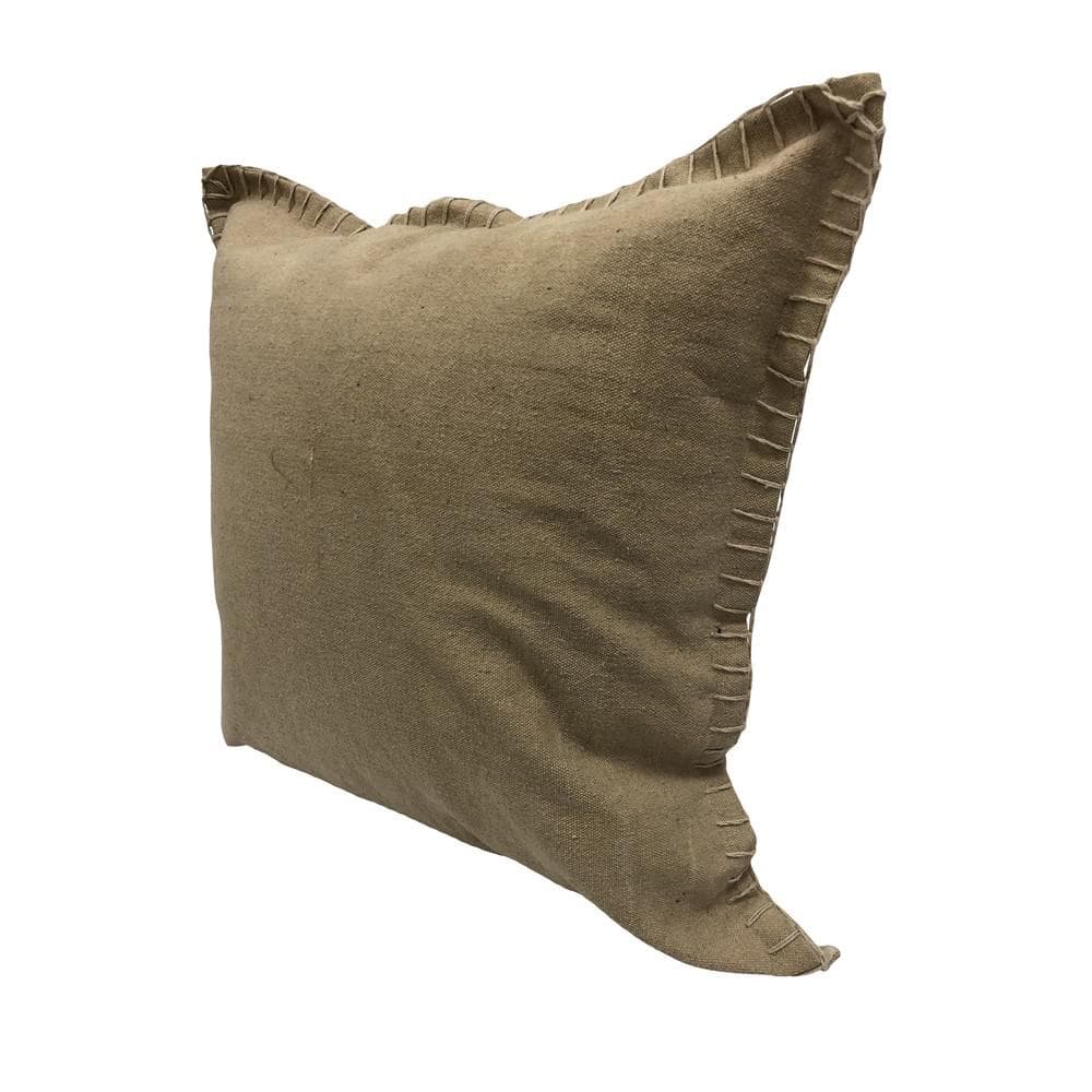 Tan Square Cotton Embroidered Border Throw Pillow