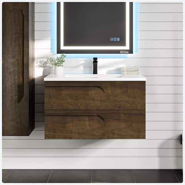 Joy 36 in. Single Sink Rosewood Floating Bath Vanity with White Porcelain Top (Assembled)
