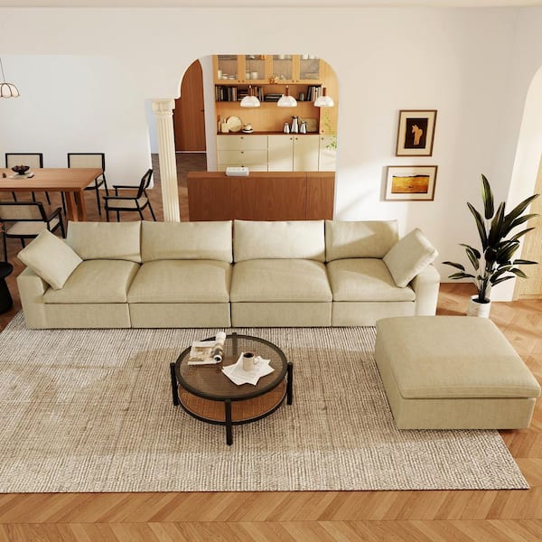 Large 157 in. Square Arm 4 Seater Linen L Shape Modular Tuxedo Sofa with Storage Ottoman, Detachable Covers in Khaki