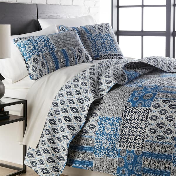 Southshore Fine Linens Global Patchwork 3-Piece Blue Queen/Full Microfiber Quilt Set