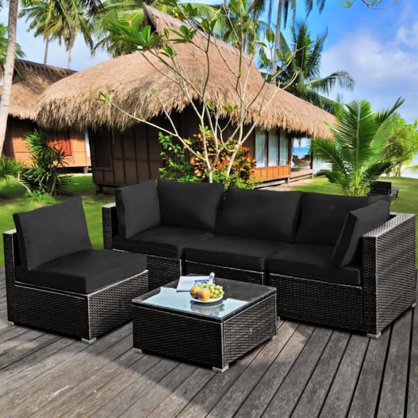 Kadehome Brown 5-Piece Wicker Patio Conversation Set with Black Cushions