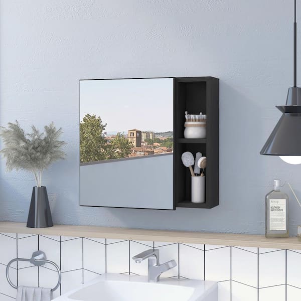 Unbranded 19.6 in. W x 18.6 in. H Black Rectangular Surface Mount Bathroom Medicine Cabinet with Mirror and External Shelf