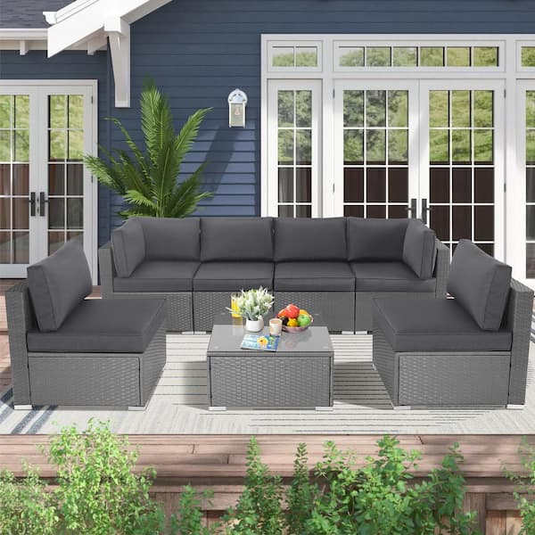 Suncrown Wicker Outdoor Sectional Set with Dark Gray Cushions (7-Piece)